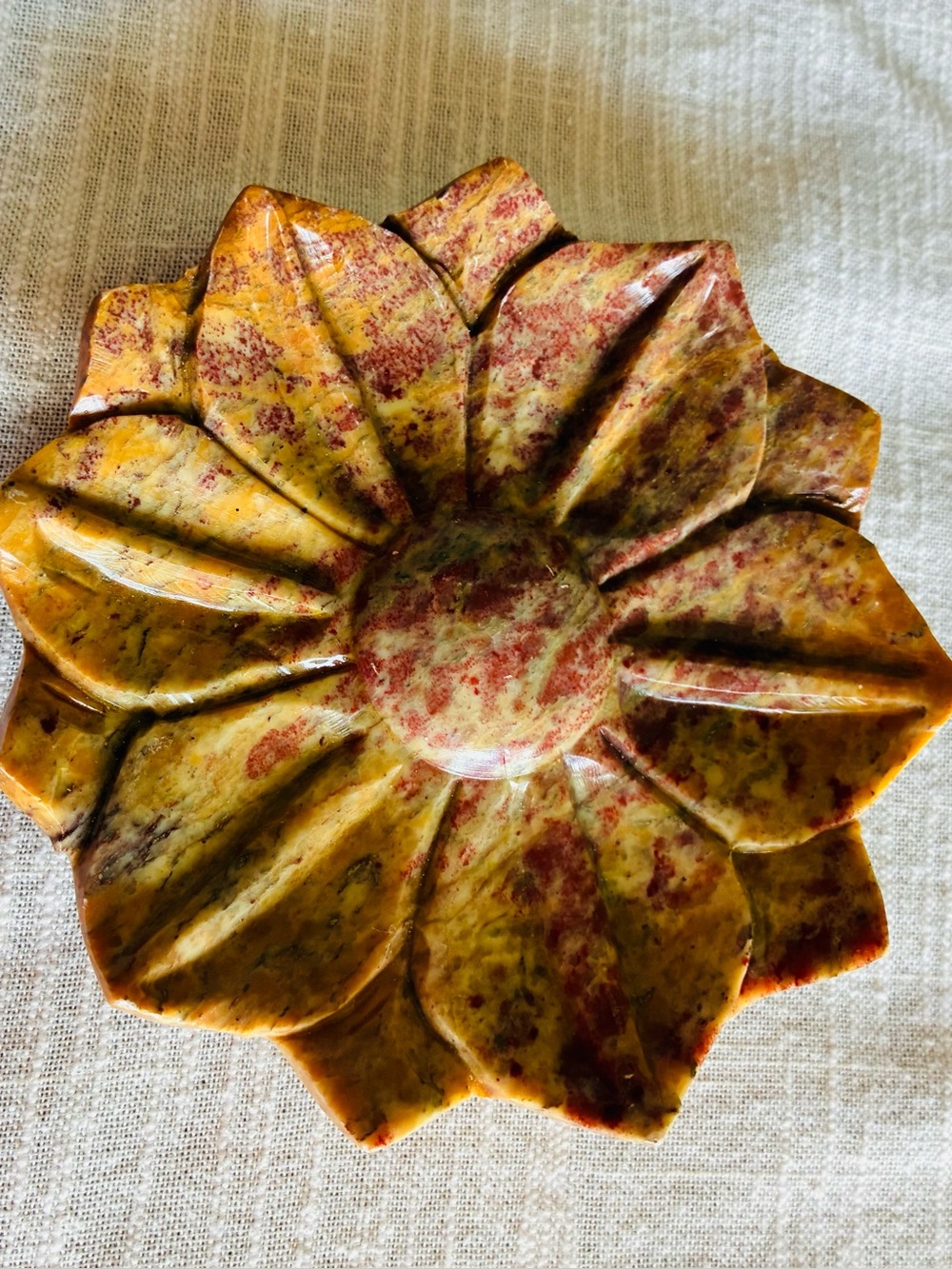 Hand-Carved Stone Flower Dish in Yellow and Red Sunflower